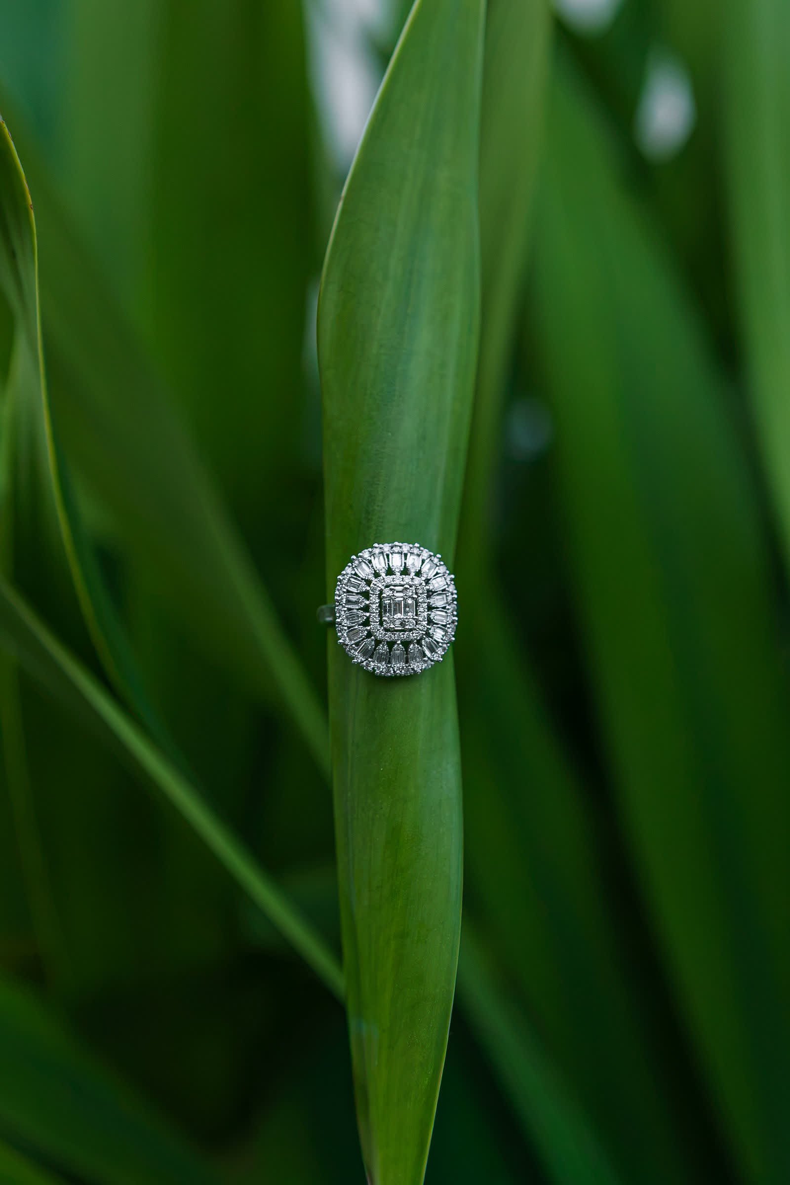 Imperial Ring — A baguette center under a double halo, cushion-shaped.